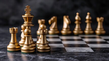 Abstract Business Strategy Concept with Gold Chess Pieces on Dark Marble Background
