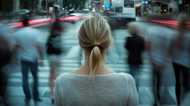 A woman stands in place at a busy intersection with her head up. People are walking by. The photo was taken with a shutter speed, the woman is in focus, the people around are blurred. Still shot films