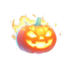 Glowing jack-o'-lantern with flame accents, festive Halloween decoration showcasing vibrant colors and playful design, perfect for seasonal promotions. Isolated on white background or PNG