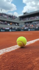 Tennis ball on clay court stadium background
