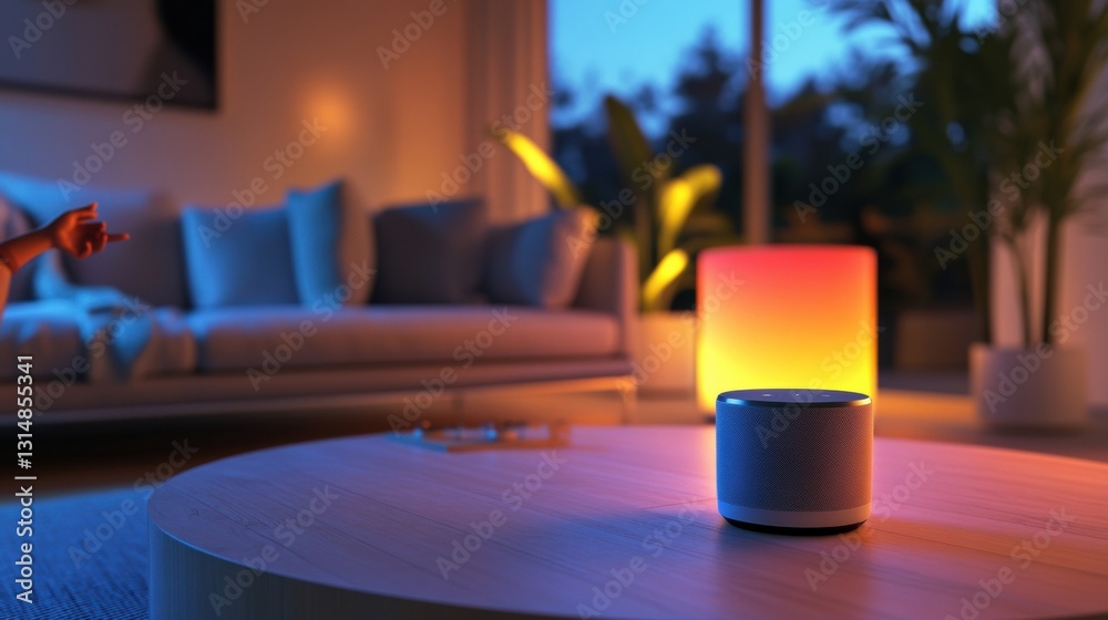 Poster Stylish living room features interactive technology with user voice commands to control lighting and music in a dynamic setting