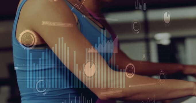 Image of data processing and diagrams over caucasian women exercising at gym