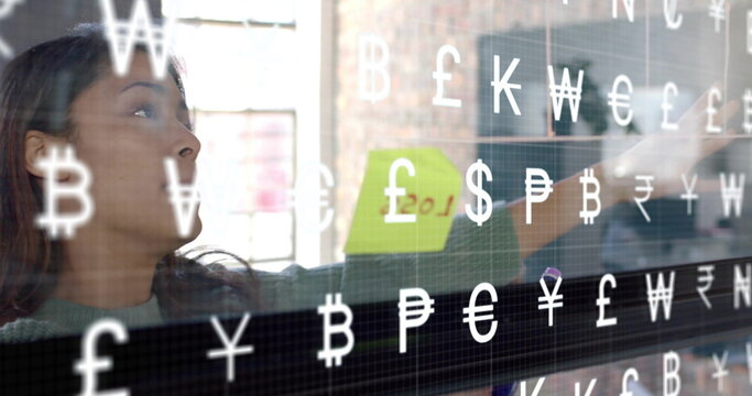 Image of currency and data processing over diverse business people in office