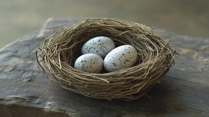 Obraz premium A delicate nest crafted from twigs cradles three beautifully speckled eggs, resting on a weathered wooden surface, representing the promise of life and renewal in nature