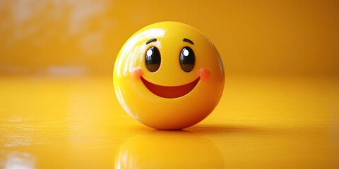 Close-up of a smooth yellow emoji on a vibrant yellow gradient backdrop, clear reflections