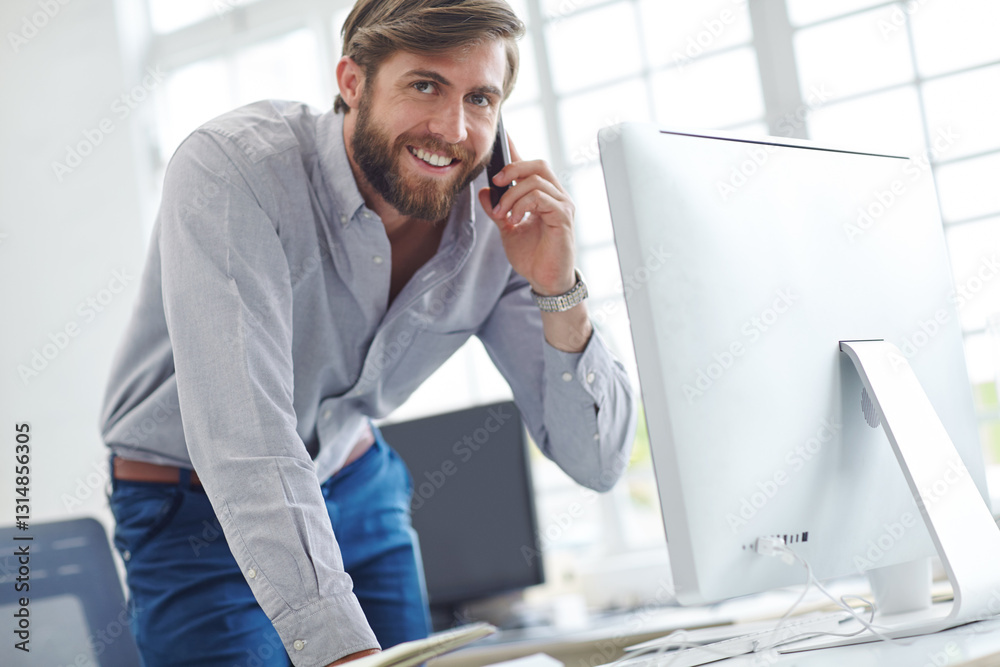 Poster man, phone call and computer for financial conversation in office, help client and advisory chat. bu