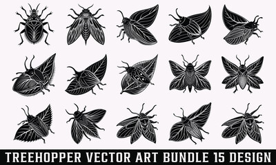 Fototapeta premium Treehopper Vector Art Bundle – Exquisite hand-drawn illustrations on a clean white background. High-quality vector artwork with intricate, artistic details for creative projects.