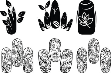 Black & White Nail Art Designs: Botanical & Floral Patterns, Manicure Inspiration, Elegant Nail Art, Stylish Nail Designs, Vector Graphics