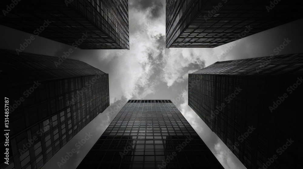Poster gazing up from a narrow urban passage, towering glass structures frame a moody sky filled with dark 