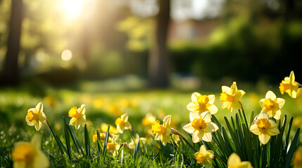 A vibrant meadow filled with daffodils, their bright yellow petals shining under the warm spring sun.