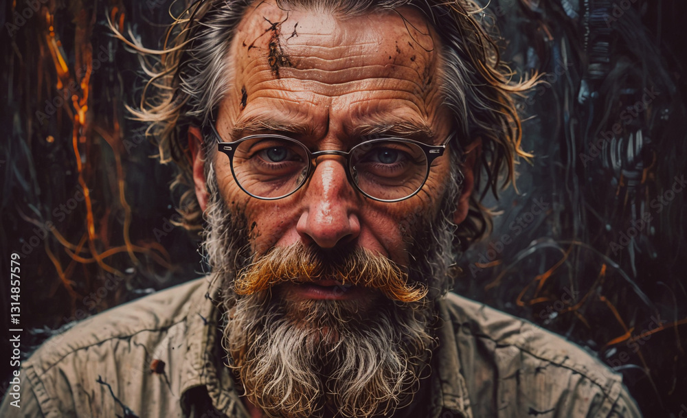 Poster Man with glasses and a beard is staring at the camera. The image has a moody and mysterious feel to it, as if the man is hiding something behind his glasses