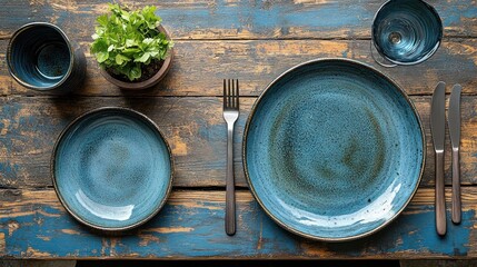 Rustic Wooden Table Setting with Blue Dishes
