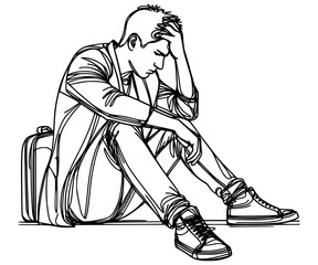 sit and frustrated man, one line art, isolated on white
