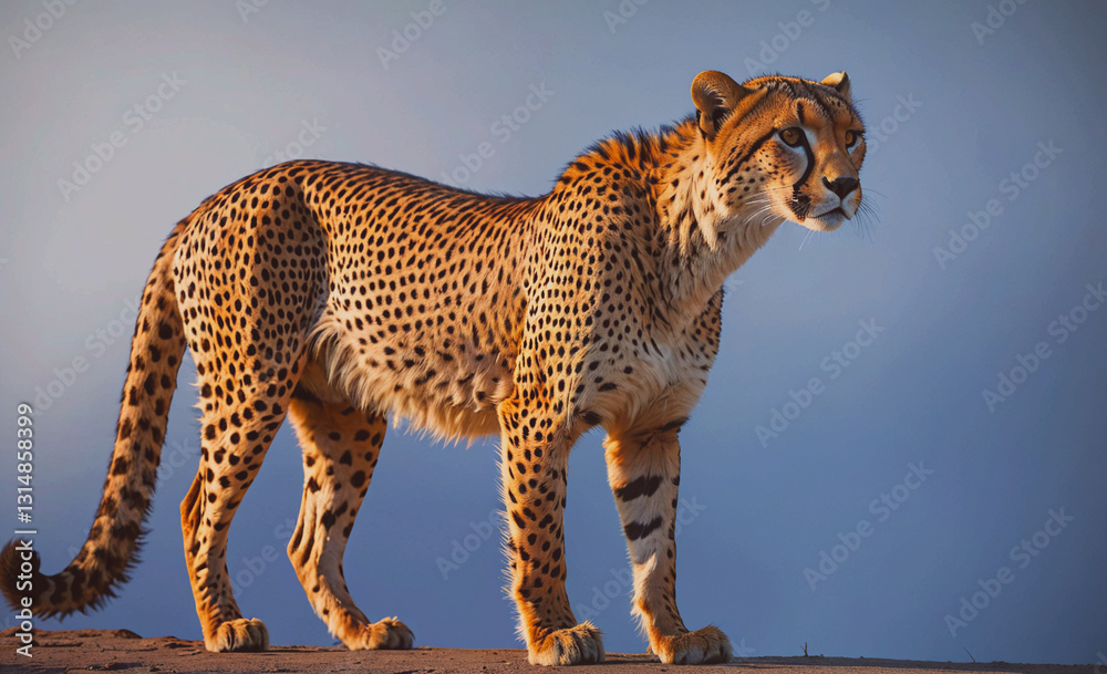 Poster cheetah is standing on a rocky surface, looking to the left. concept of strength and power, as the c