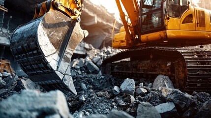 Close-up of an excavator claw crushing concrete, showcasing raw power and destruction.