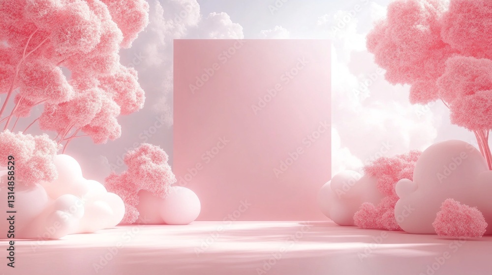Poster picture a tranquil realm adorned with plush pink trees and fluffy clouds, bathed in gentle light. a 