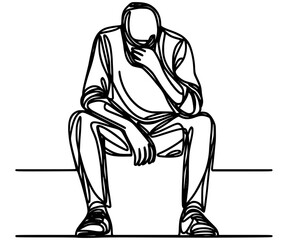 sit and frustrated man, one line art, isolated on white