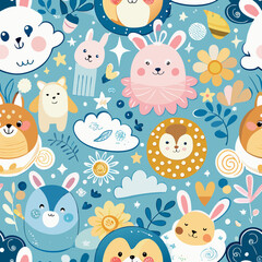 Whimsical World: A seamless pattern bursting with charm, showcasing delightful illustrations of rabbits, bunnies, and other cute critters.