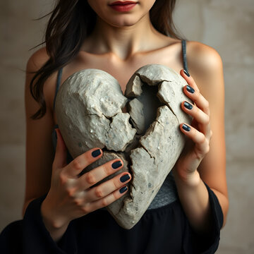 mujer sosteniendo un roto corazon de piedra unido de nuevo y pegado por la fe y confianza amor corazon roto y tristeza sentimientos y emociones