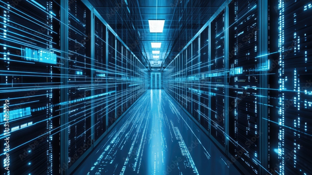 Poster A futuristic data center with glowing blue lights and high-speed data flow, representing AI, cloud computing, and cybersecurity. Ideal for tech and IT concepts