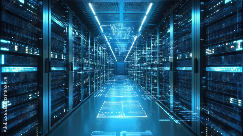 Poster A futuristic data center with glowing blue lights and digital data streams, symbolizing AI, cloud computing, and cybersecurity. Ideal for tech and IT concepts