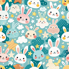 Obraz premium Cute Bunny Pattern: A whimsical design featuring a delightful arrangement of adorable bunnies, stars, and clouds on a pastel background, creating a sense of playful charm and childlike wonder.