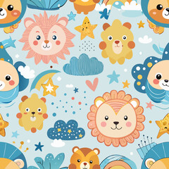 Cute Animal Faces Seamless Pattern: Adorable repeating pattern featuring cheerful lion and bear faces, stars, clouds, and rainbows on a pastel blue background.