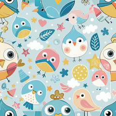 Playful Birds Pattern: A whimsical array of vibrant, cartoon birds, stars and hearts. perfect for children's designs and adding a cheerful touch.