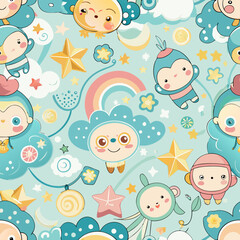 Whimsical Dreamscape: A delightful seamless pattern of cute cartoon characters and celestial elements, creating a world of imagination, joy, and fantasy. 