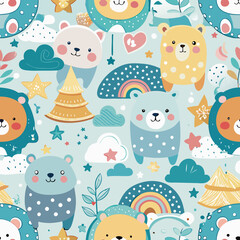 Whimsical Bears Pattern: A repeating seamless pattern design showcasing a collection of cheerful and colorful cartoon bears. It brings the charm to any design projects.