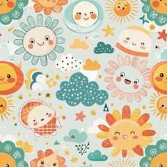 Smiling Suns and celestial elements: A seamless pattern filled with cartoon suns and various celestial elements creates a happy atmosphere