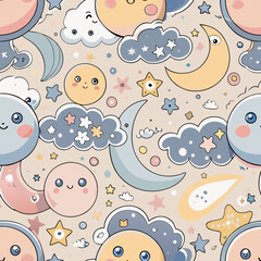 Cosmic Dreamscape: An enchanting illustration of a seamless pattern filled with cute celestial characters: smiling moons, happy suns, fluffy clouds, and twinkling stars.