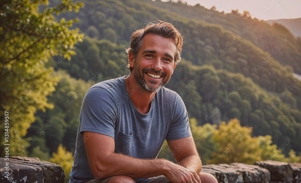 Poster man is smiling and sitting on a wall in a forest. scene is happy and relaxed