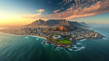 Obraz premium Cape Town's Majestic Sunset: Aerial View of Table Mountain and Cityscape