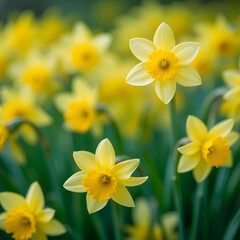 Closeup of yellow blooming daffodils on blurred green background, selective focus, copy space for text, springtime nature concept