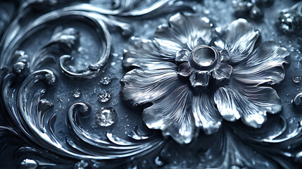 Silver floral relief, ornate detail, dark background, luxury texture, design