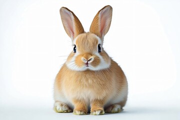 Obraz premium Adorable tan rabbit sitting against a white background, perfect for animal-themed designs, children's books, or pet-related projects.