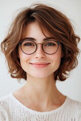 Charming Woman with Short Curly Hair and Round Glasses