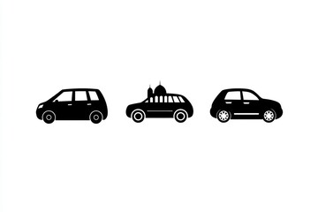 Fototapeta premium Three car silhouettes; minivan, mosque-topped car, hatchback; white background; travel icon