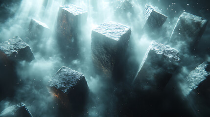 Futuristic city, cubes, smoke, dark, digital art, background, game design