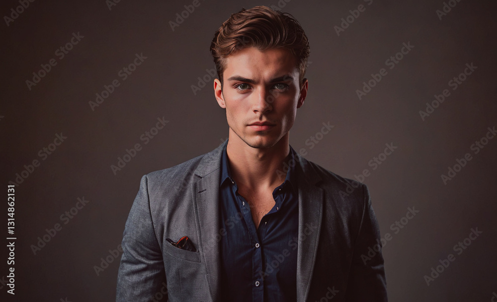Poster man in a suit and tie is standing in front of a wall. he is wearing a blue shirt and a grey jacket