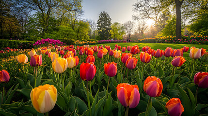Obraz premium A vibrant tulip patch in a public park, with colorful flowers adding a joyful touch to the park’s atmosphere.