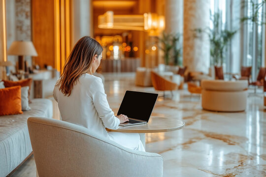 Modern hotel lobby with guest working on laptop