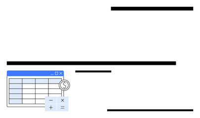 Table interface with rows and columns, dollar sign, and calculator icon. Ideal for finance, budgeting, data management, accounting, expenses, business analytics flat simple metaphor