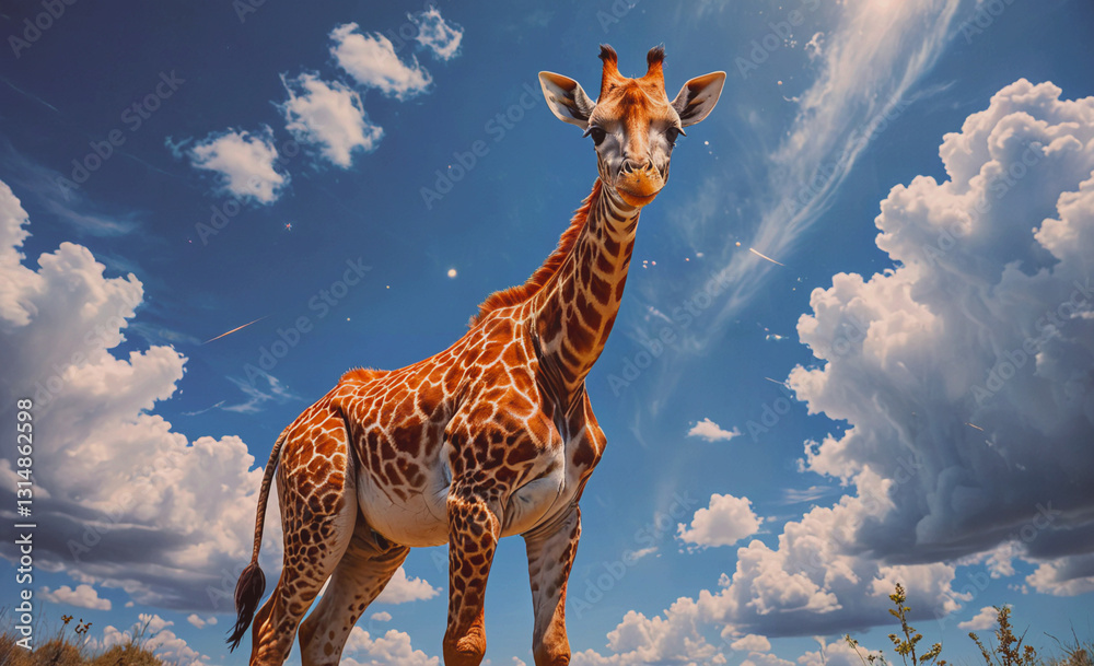 Aufkleber Giraffe standing in a field with a blue sky and clouds in the background. The giraffe is looking directly at the camera, creating a sense of curiosity and wonder