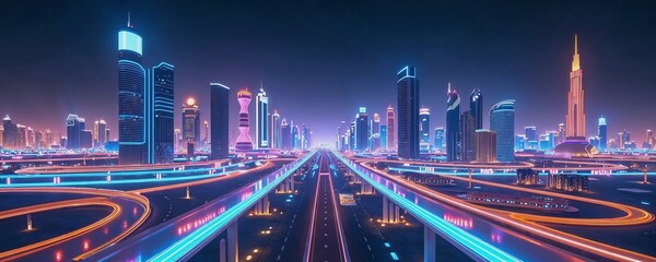 Futuristic cityscape of Riyadh illuminated by vibrant neon lights