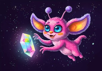 Pink Fluffy Alien Discovering a Rainbow Crystal in Space