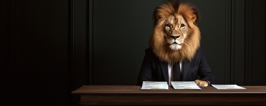 A lion in a business suit sits at a desk, blending animalistic power with a corporate appearance, creating a striking and surreal image.