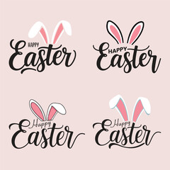 Happy Easter Typography Vector Set with Bunny Ears. Handwritten Easter Calligraphy Lettering Design for Greeting Cards, Posters, Stickers, T-Shirts, and Decorations