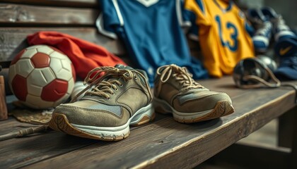 Fototapeta premium A pair of athletic shoes rests on a weathered wooden bench, amidst a collection of sports apparel and equipment.